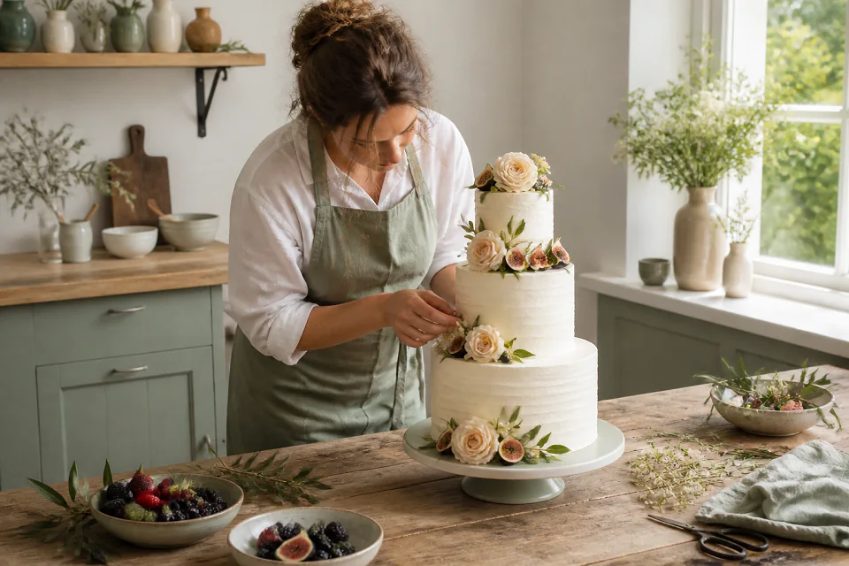 Gâteau de mariage préparé dans un atelier — illustration générée par IA