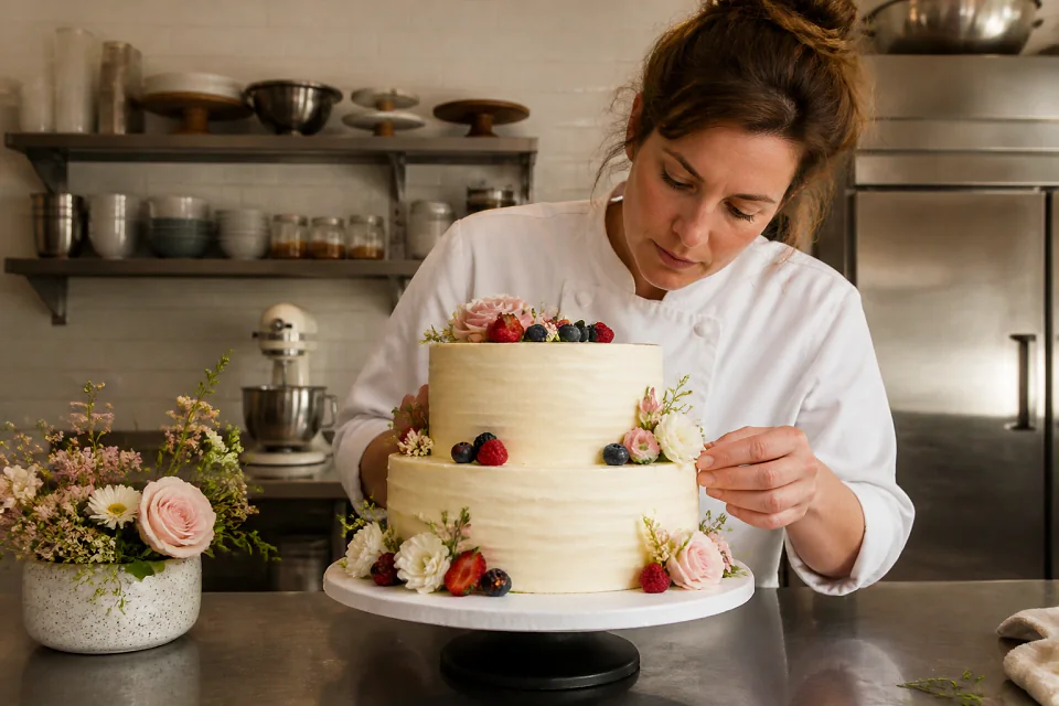 Gâteau de mariage préparé dans un atelier — illustration générée par IA