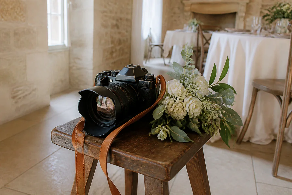 Appareil photo et accessoires de reportage de mariage — illustration générée par IA