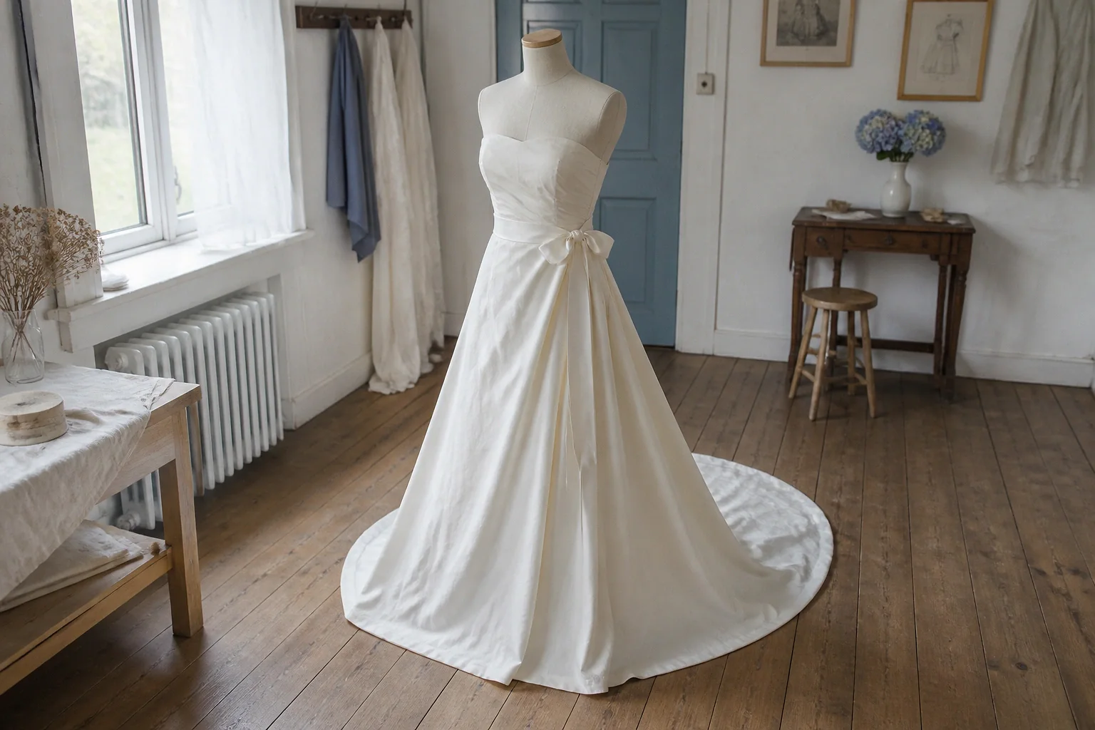 Robe de mariée dans un atelier de confection — illustration générée par IA