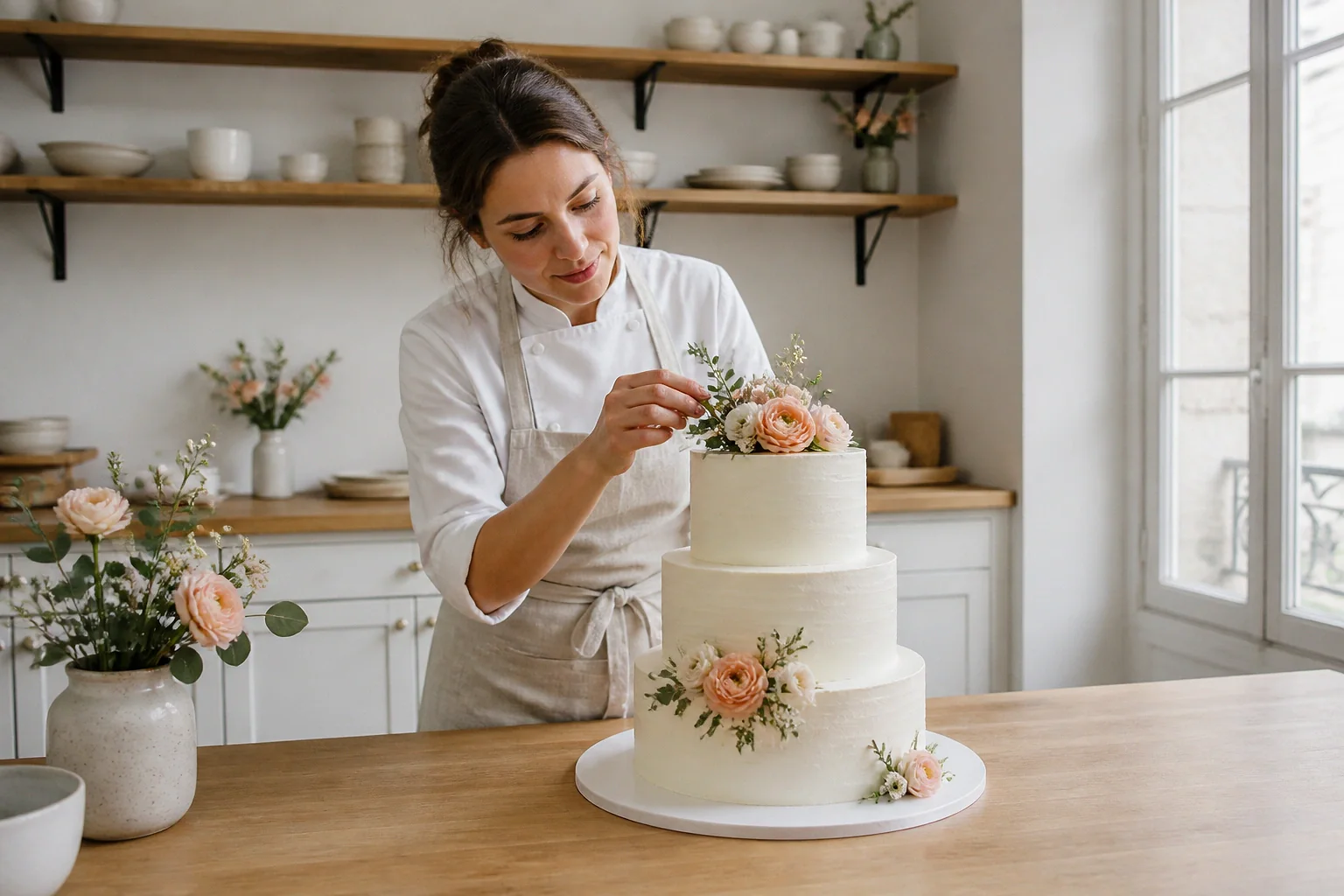 Gâteau de mariage préparé dans un atelier — illustration générée par IA