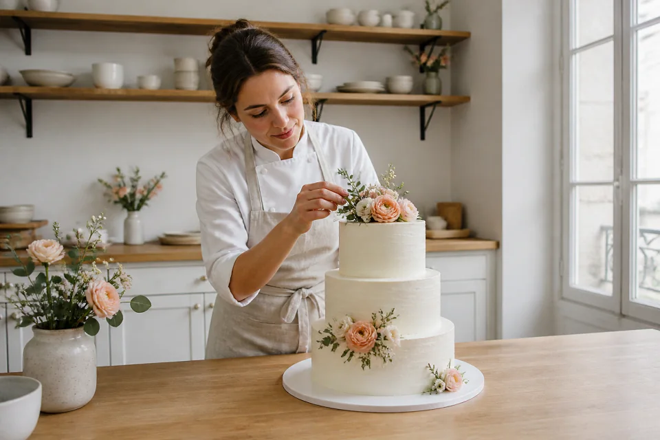 Gâteau de mariage préparé dans un atelier — illustration générée par IA