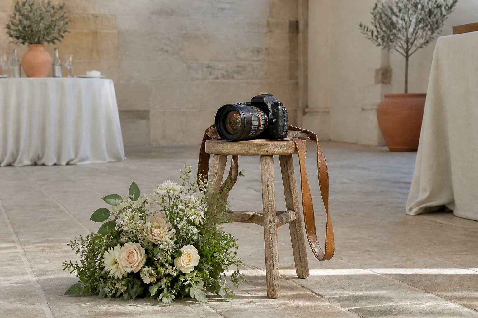 Appareil photo et accessoires de reportage de mariage — illustration générée par IA