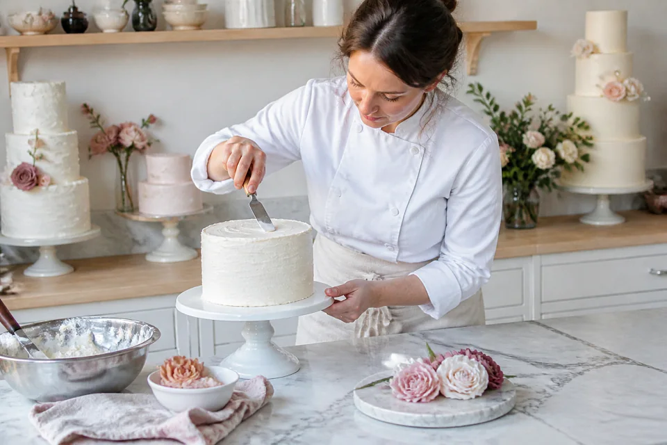 Gâteau de mariage préparé dans un atelier — illustration générée par IA