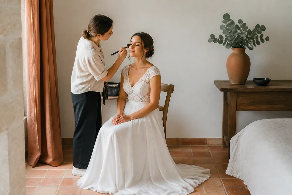 Préparation d’un maquillage de mariage — illustration générée par IA