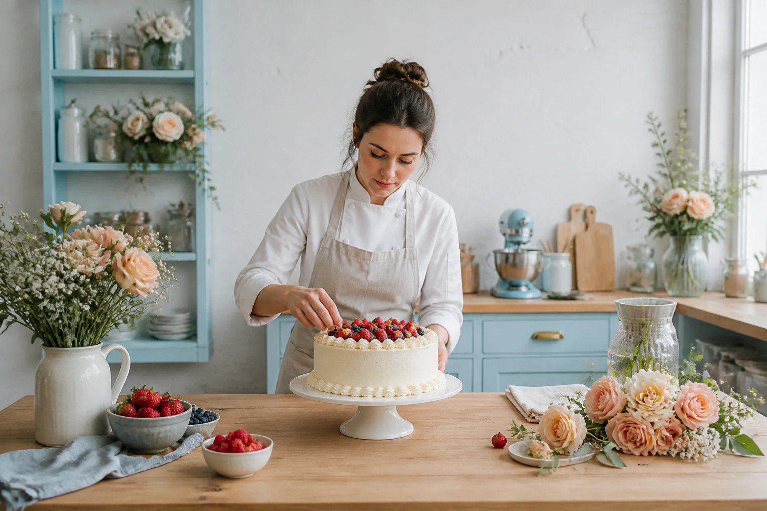 Gâteau de mariage préparé dans un atelier — illustration générée par IA