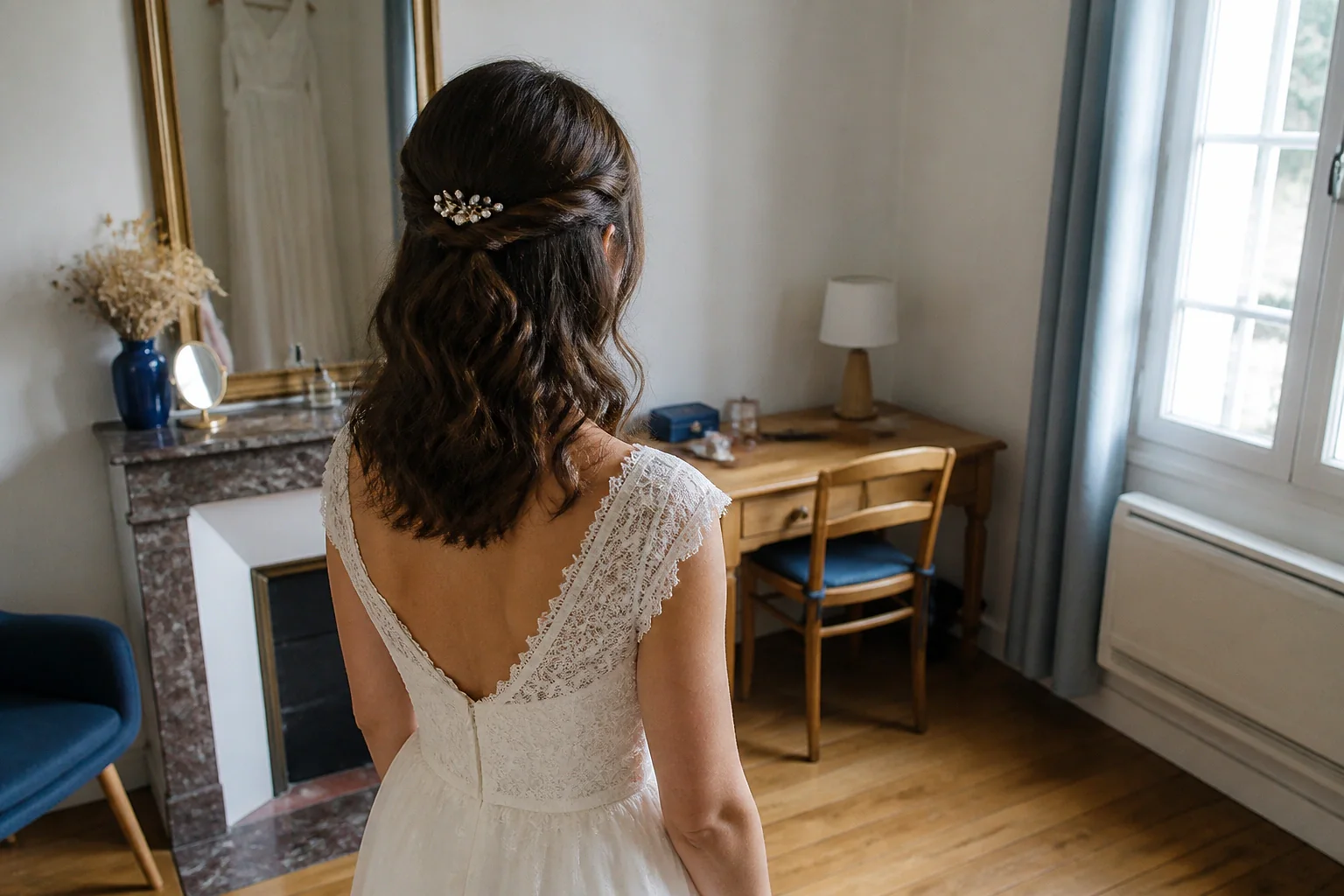 Coiffure de cérémonie vue pendant la préparation — illustration générée par IA