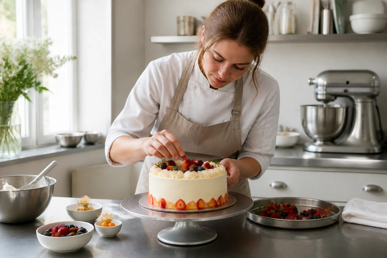 Gâteau de mariage préparé dans un atelier — illustration générée par IA