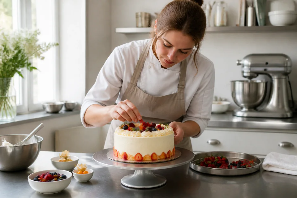 Gâteau de mariage préparé dans un atelier — illustration générée par IA