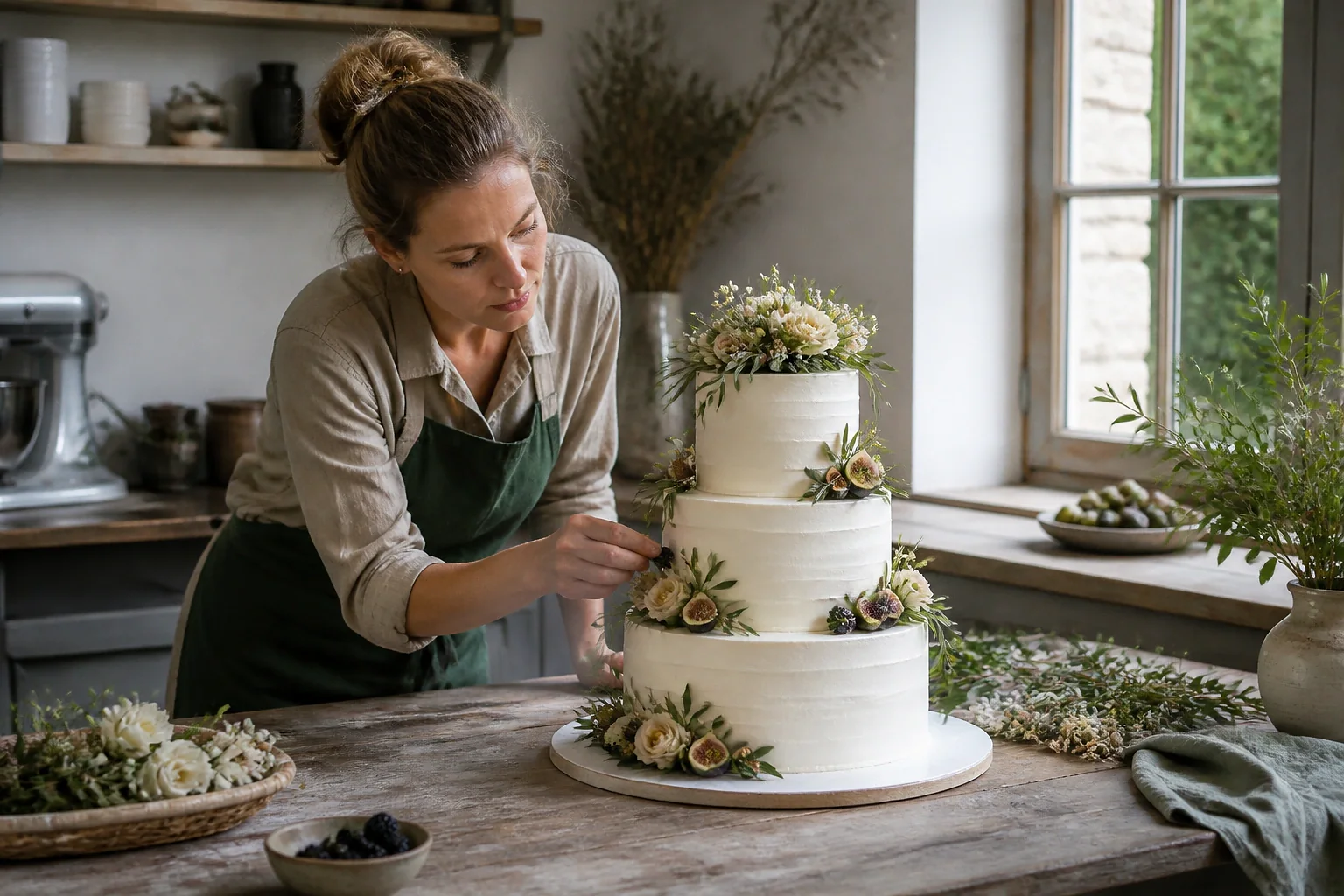 Gâteau de mariage préparé dans un atelier — illustration générée par IA