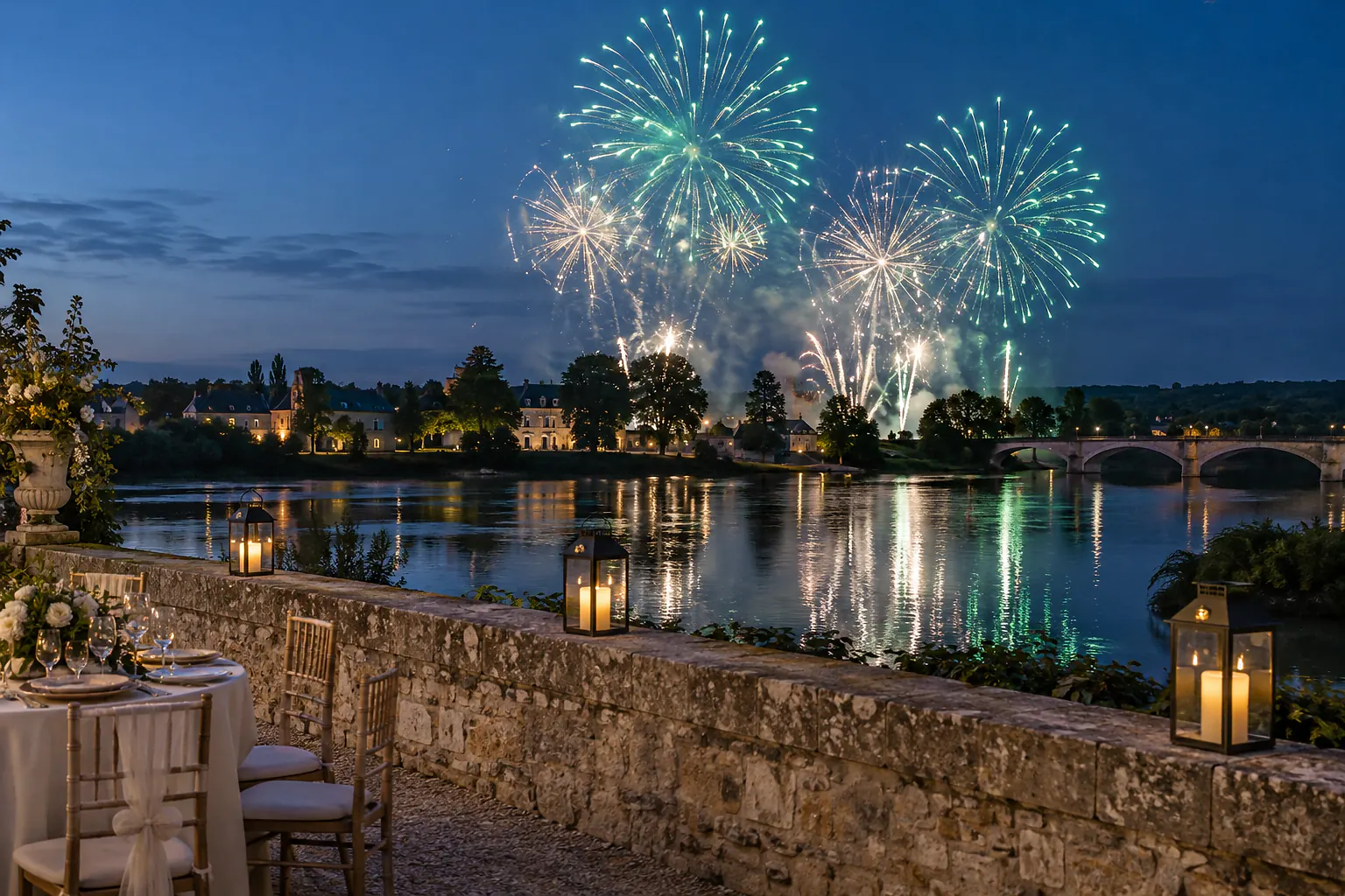 Feu d’artifice vert et argenté avec reflets sur une rivière — illustration générée par IA