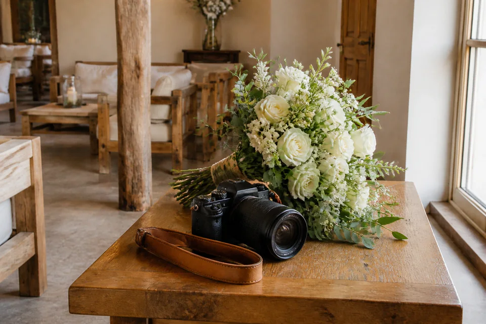 Appareil photo et accessoires de reportage de mariage — illustration générée par IA