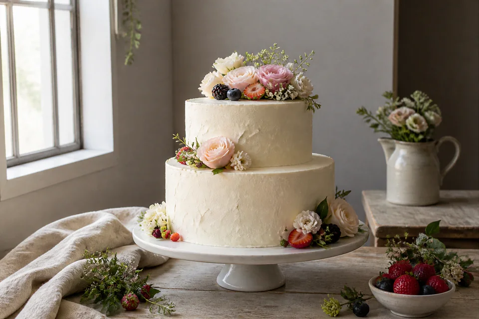 Gâteau de mariage préparé dans un atelier — illustration générée par IA