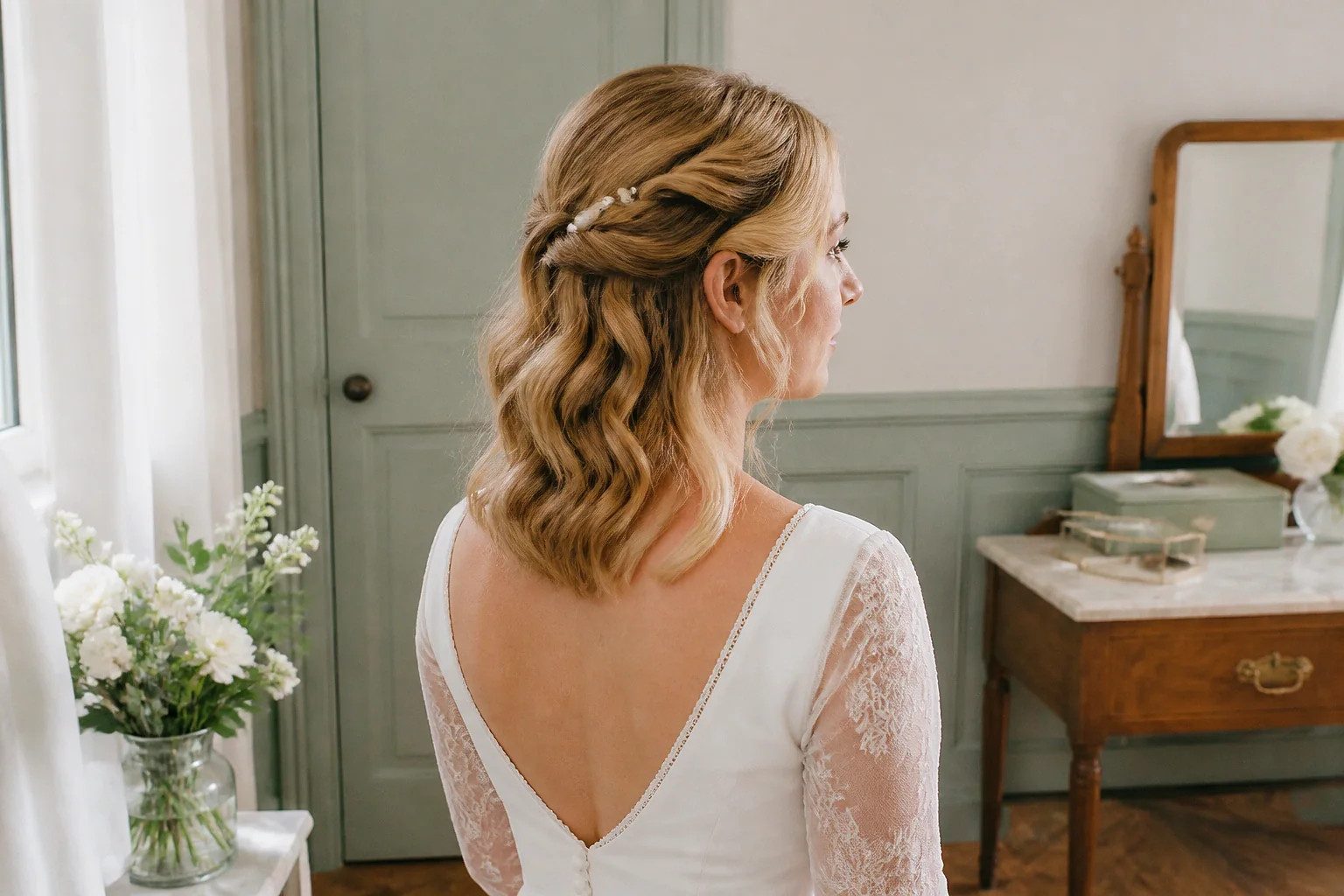 Coiffure de cérémonie vue pendant la préparation — illustration générée par IA