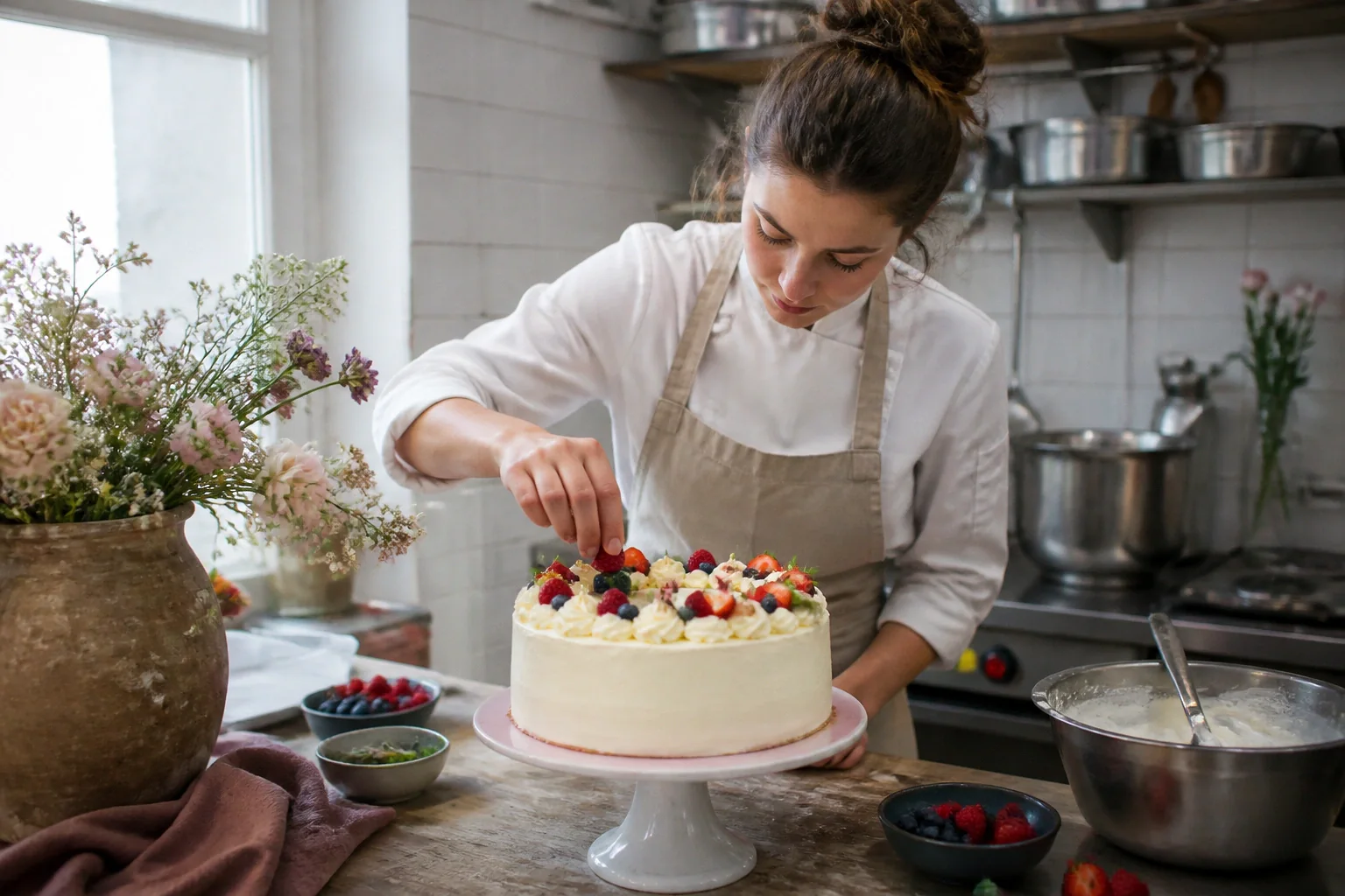 Gâteau de mariage préparé dans un atelier — illustration générée par IA
