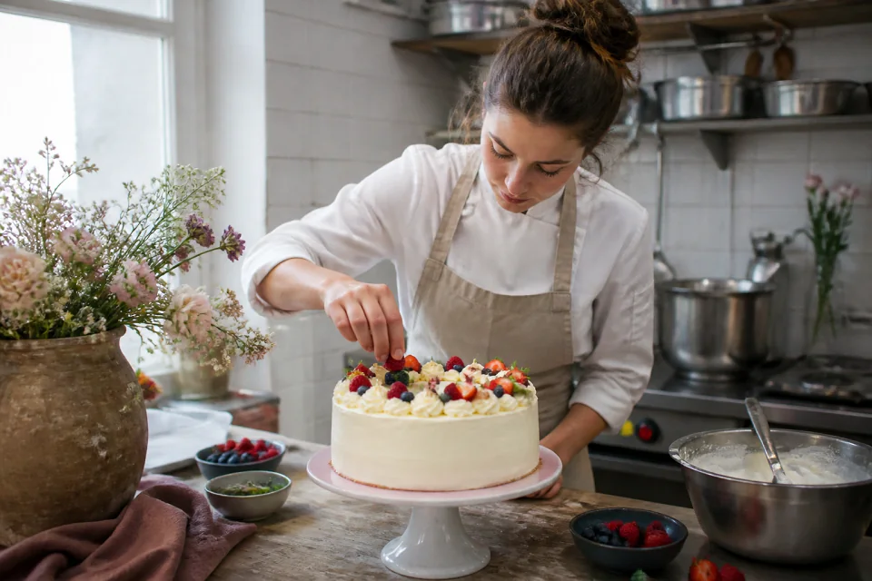 Gâteau de mariage préparé dans un atelier — illustration générée par IA