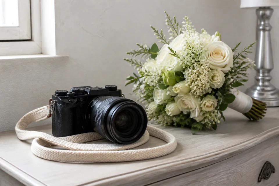 Appareil photo et accessoires de reportage de mariage — illustration générée par IA