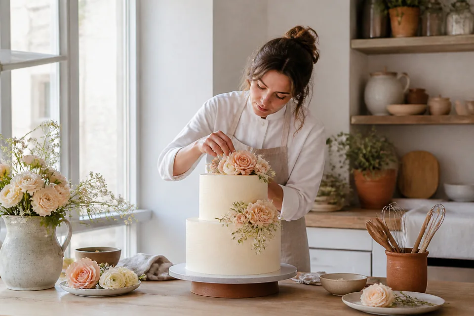 Gâteau de mariage préparé dans un atelier — illustration générée par IA