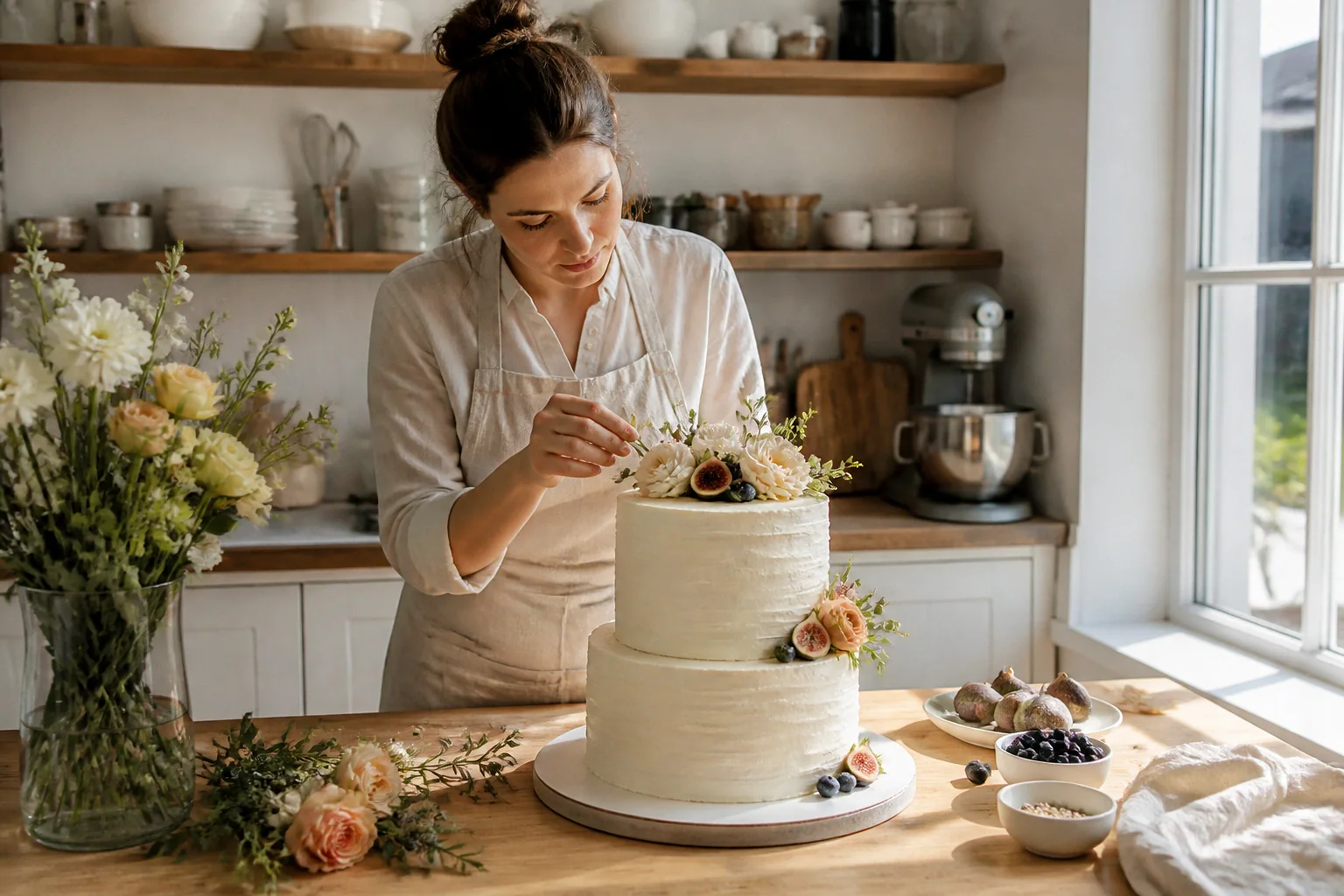 Gâteau de mariage préparé dans un atelier — illustration générée par IA