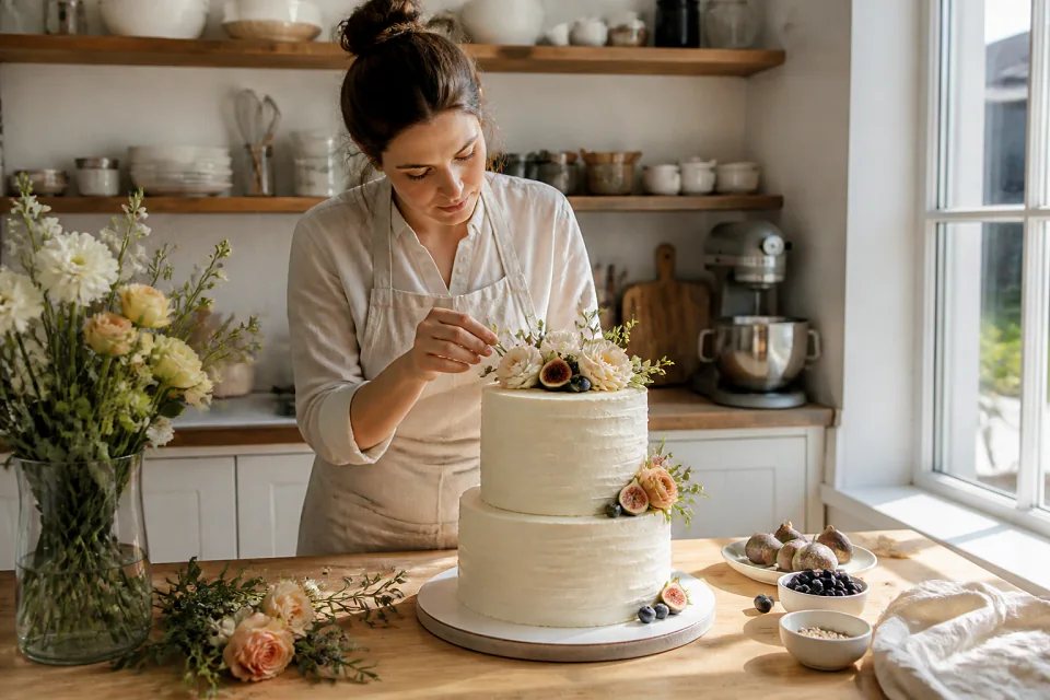 Gâteau de mariage préparé dans un atelier — illustration générée par IA