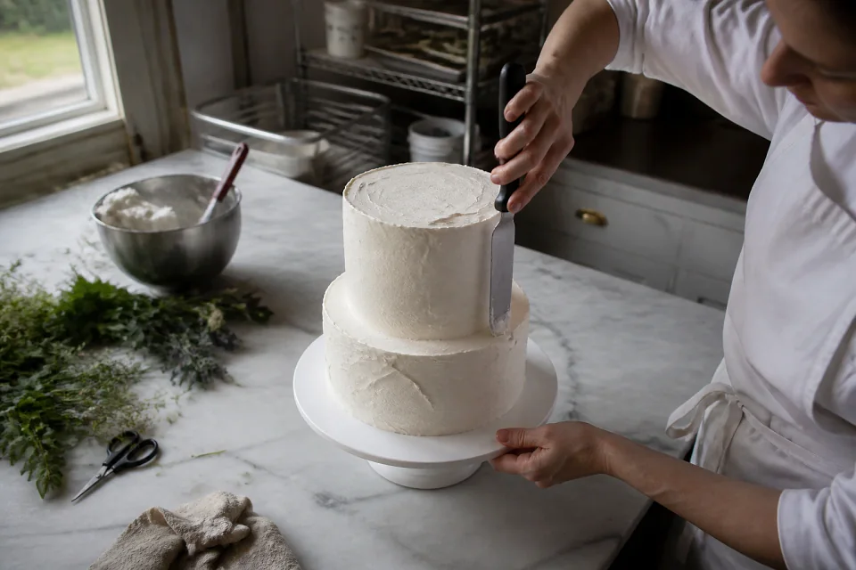 Gâteau de mariage préparé dans un atelier — illustration générée par IA