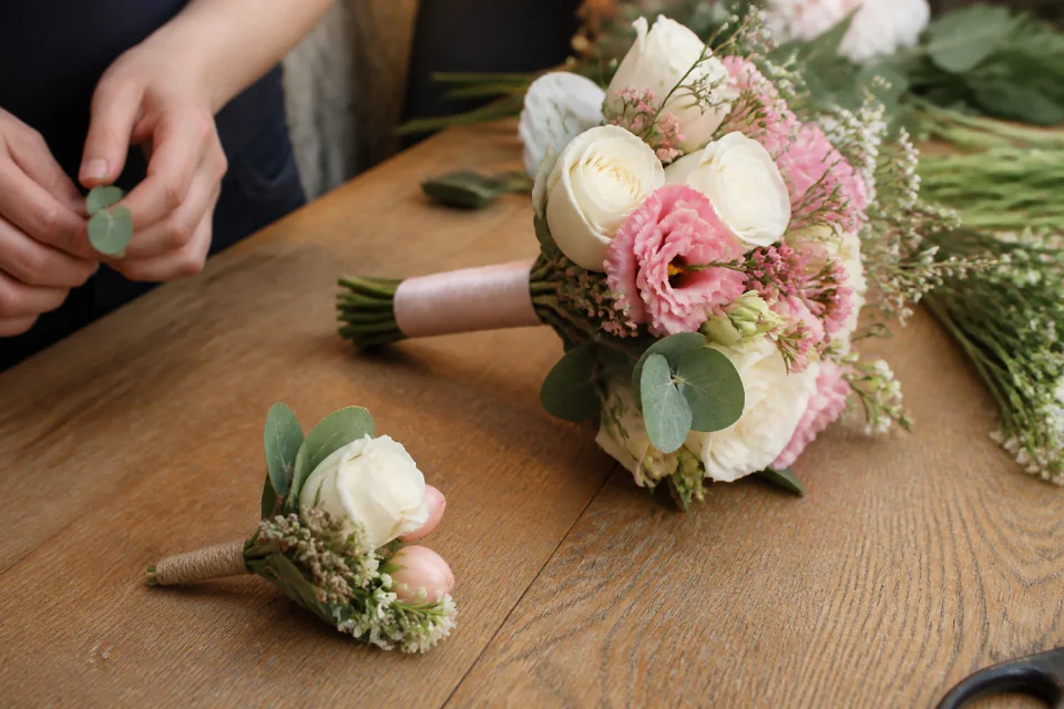 Préparation florale pour un mariage — illustration générée par IA