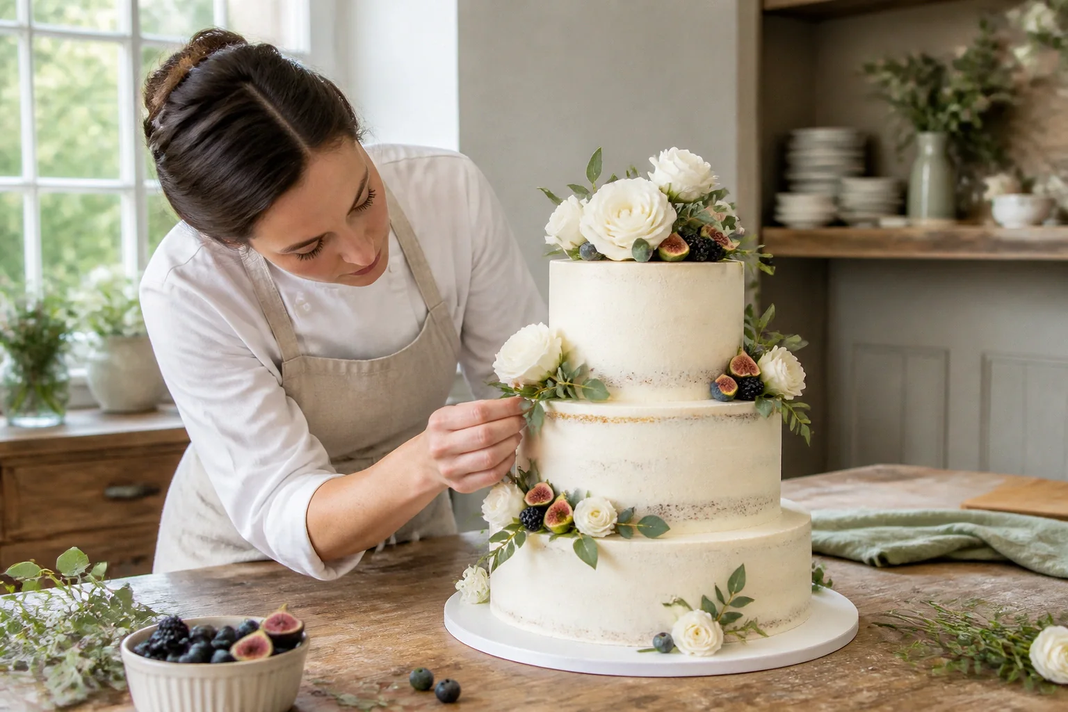 Gâteau de mariage préparé dans un atelier — illustration générée par IA