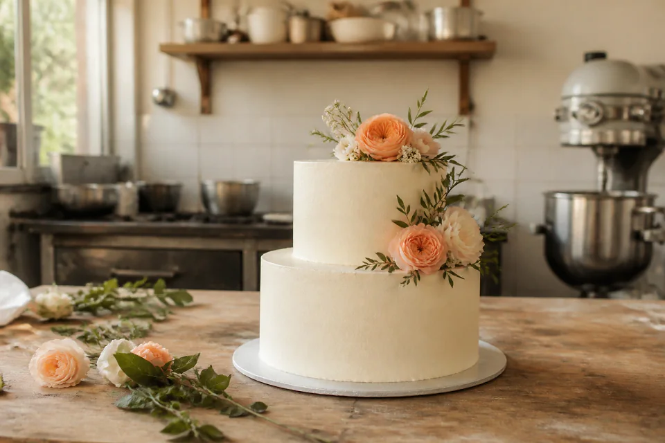 Gâteau de mariage préparé dans un atelier — illustration générée par IA