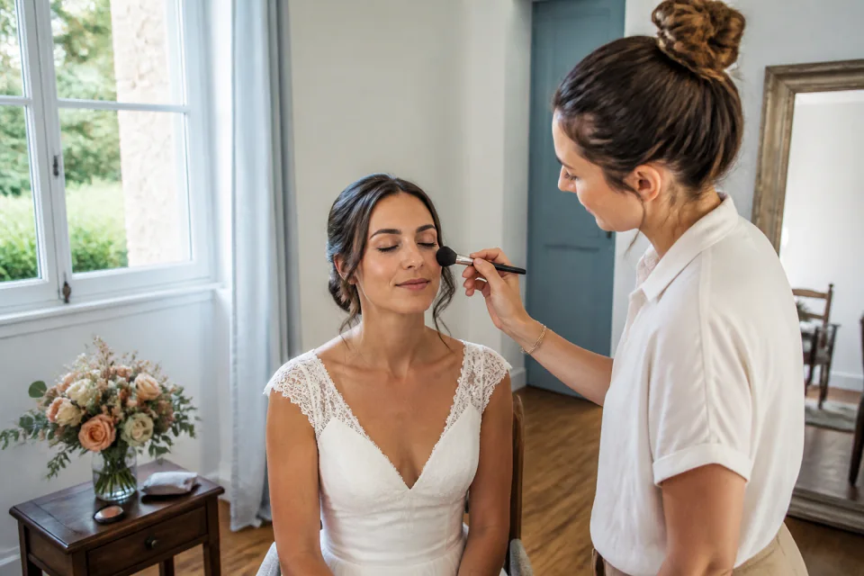 Préparation d’un maquillage de mariage — illustration générée par IA