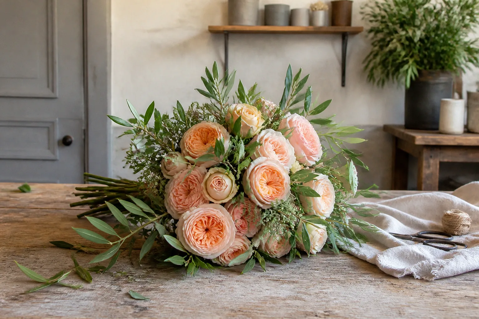 Préparation florale pour un mariage — illustration générée par IA
