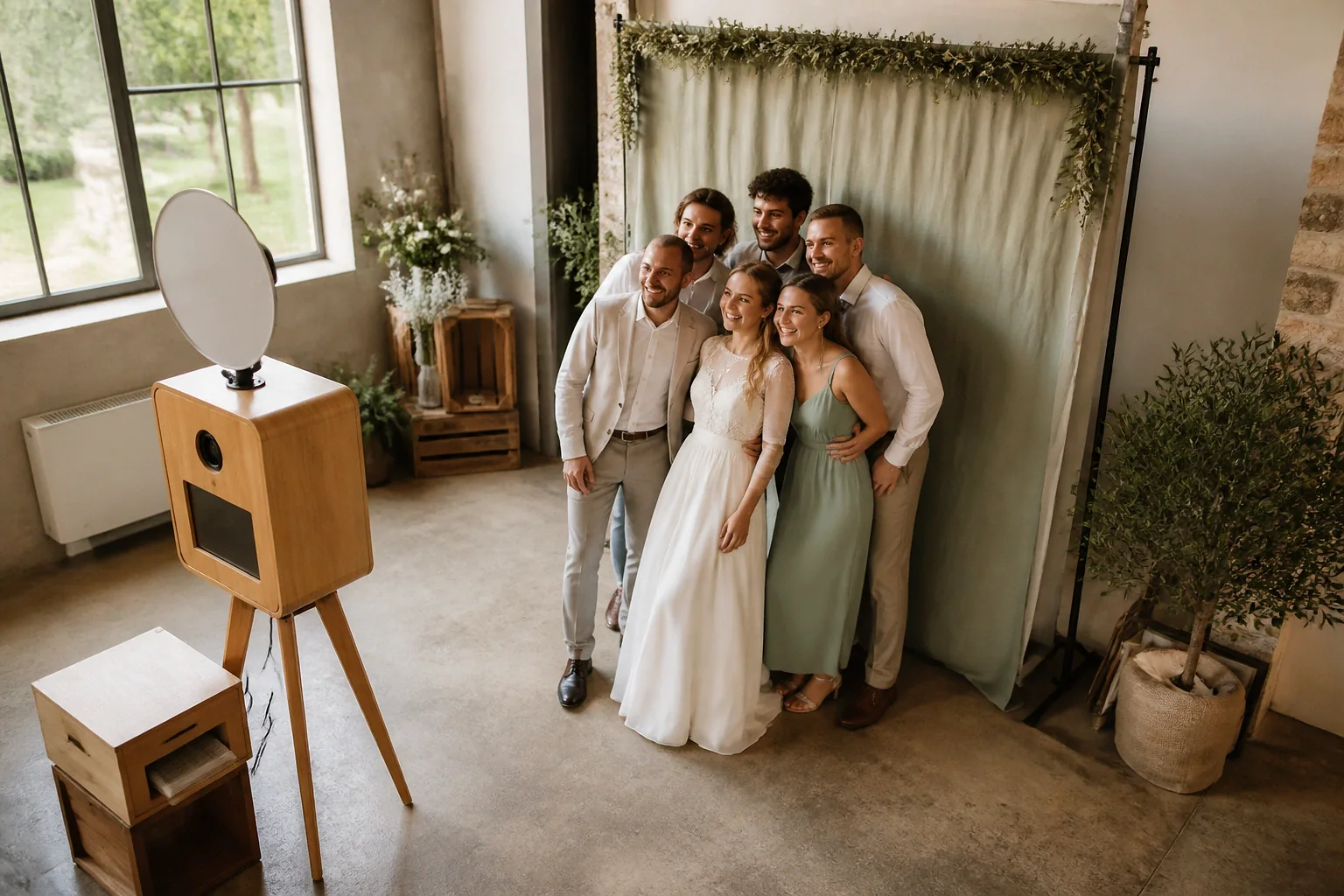 Borne photo installée pour une réception de mariage — illustration générée par IA