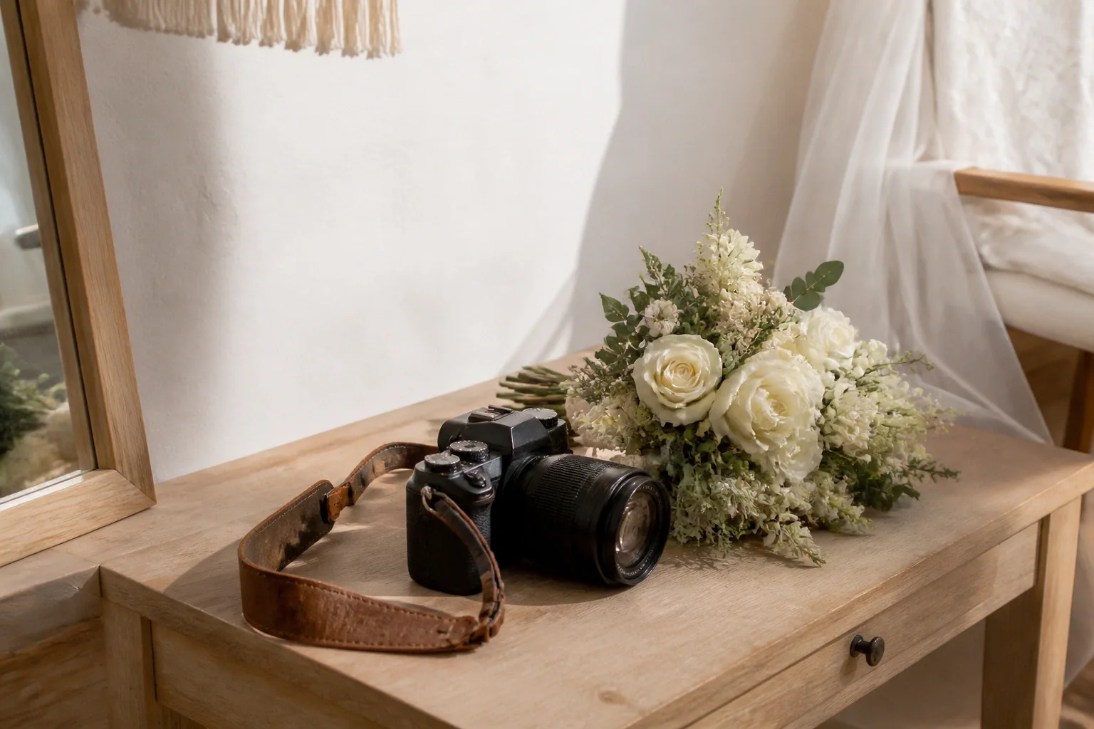 Appareil photo et accessoires de reportage de mariage — illustration générée par IA