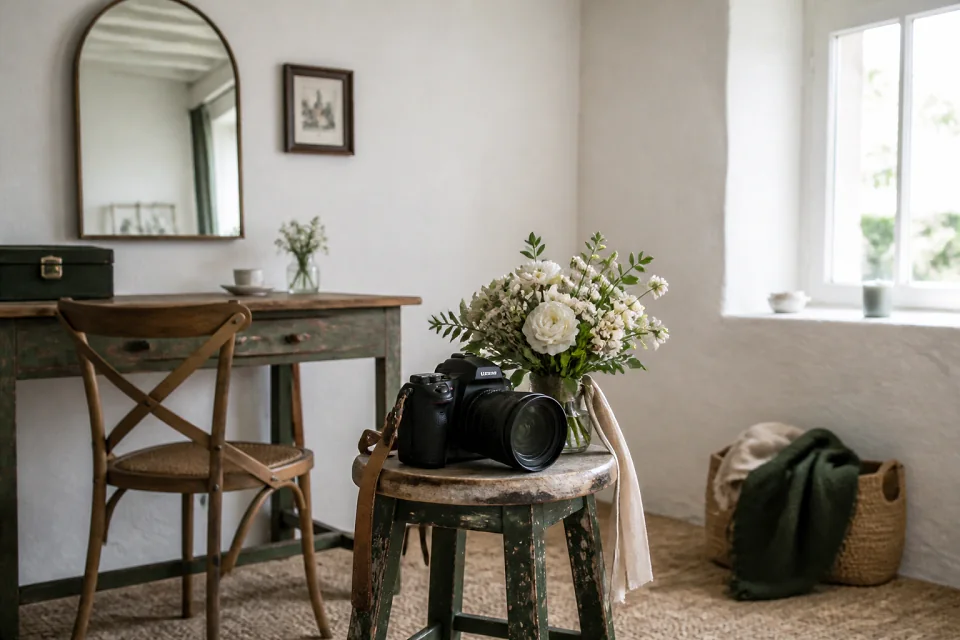Appareil photo et accessoires de reportage de mariage — illustration générée par IA