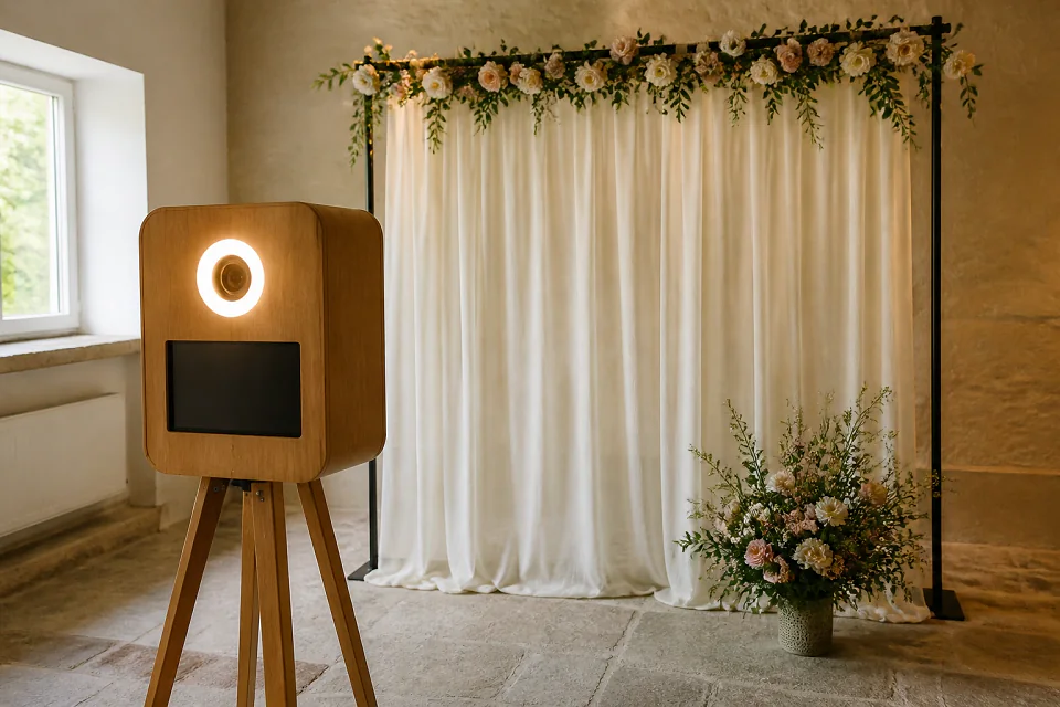 Borne photo installée pour une réception de mariage — illustration générée par IA