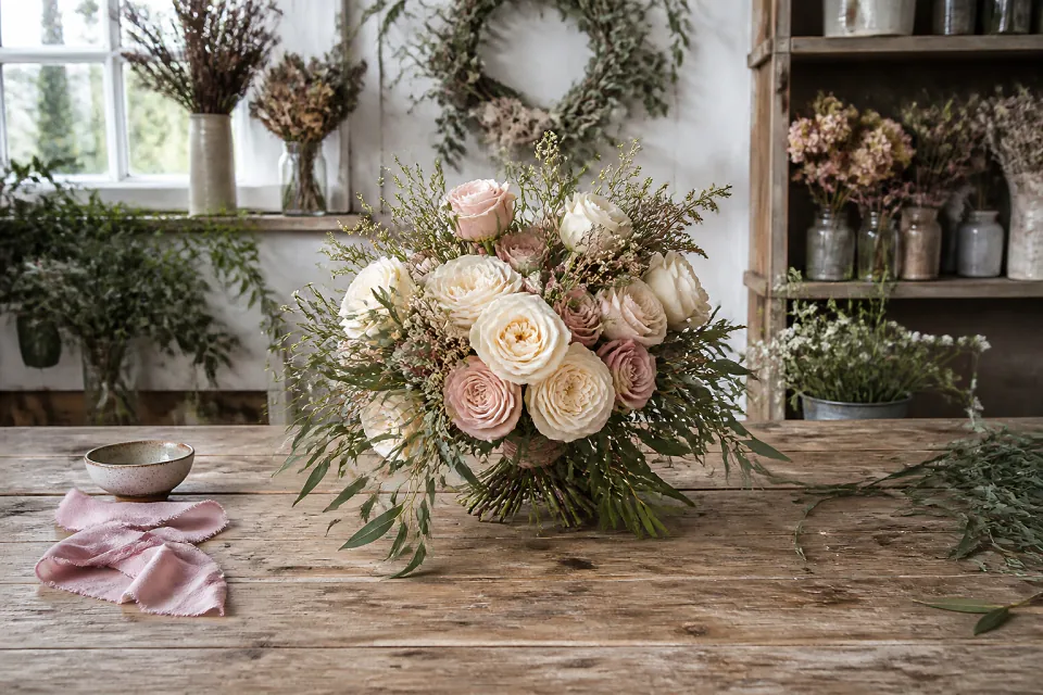 Préparation florale pour un mariage — illustration générée par IA