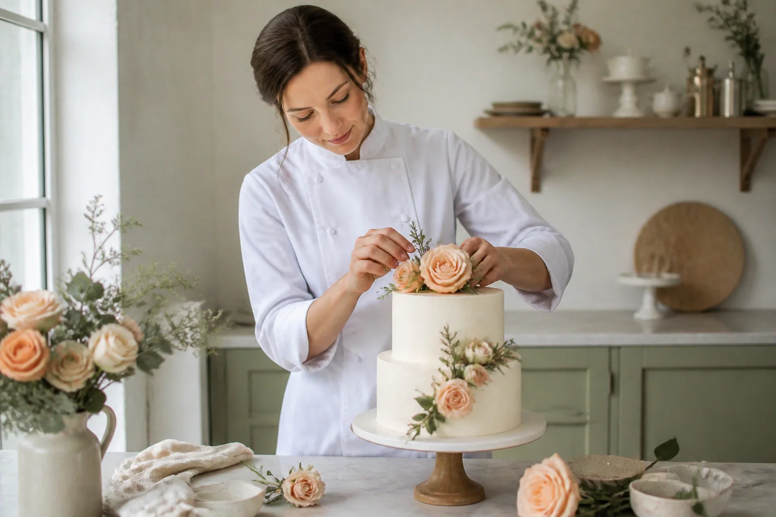 Gâteau de mariage préparé dans un atelier — illustration générée par IA