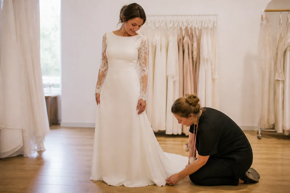 Essayage d’une robe de mariée dans un atelier — illustration générée par IA