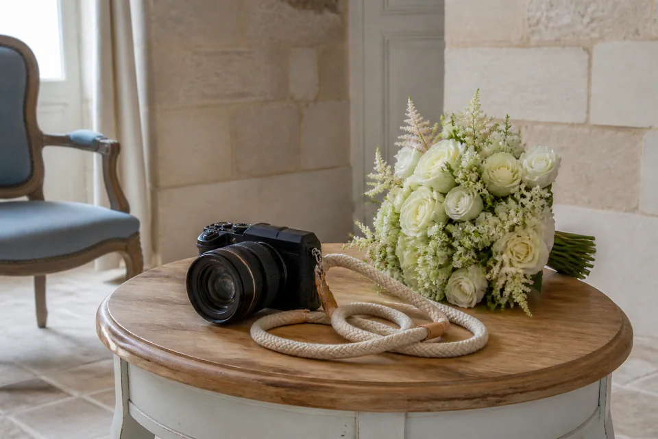 Appareil photo et accessoires de reportage de mariage — illustration générée par IA