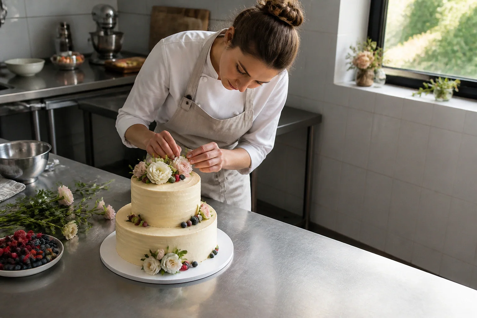 Gâteau de mariage préparé dans un atelier — illustration générée par IA