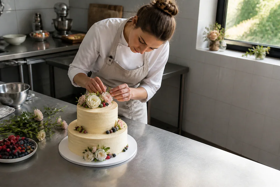 Gâteau de mariage préparé dans un atelier — illustration générée par IA