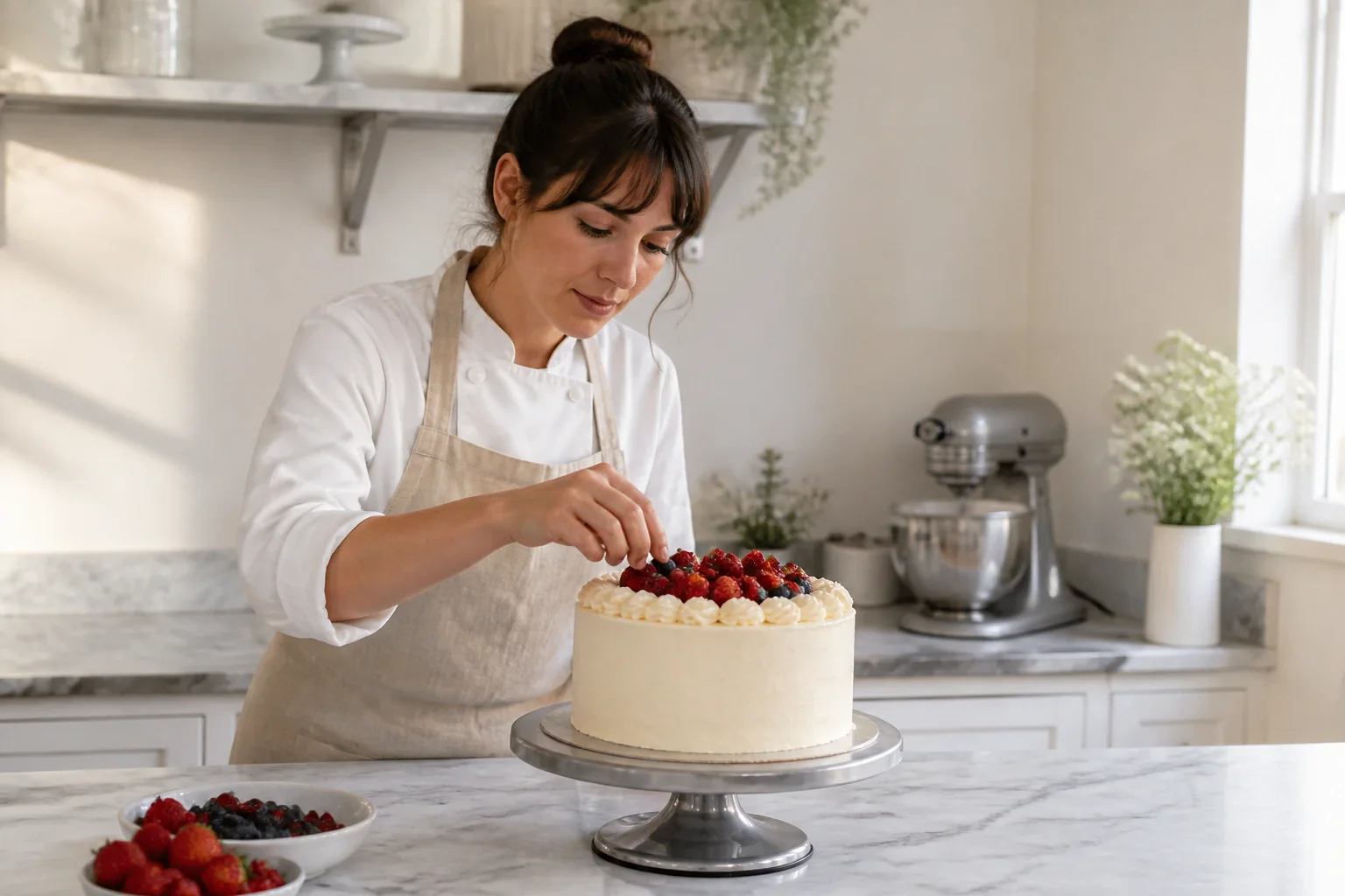 Gâteau de mariage préparé dans un atelier — illustration générée par IA