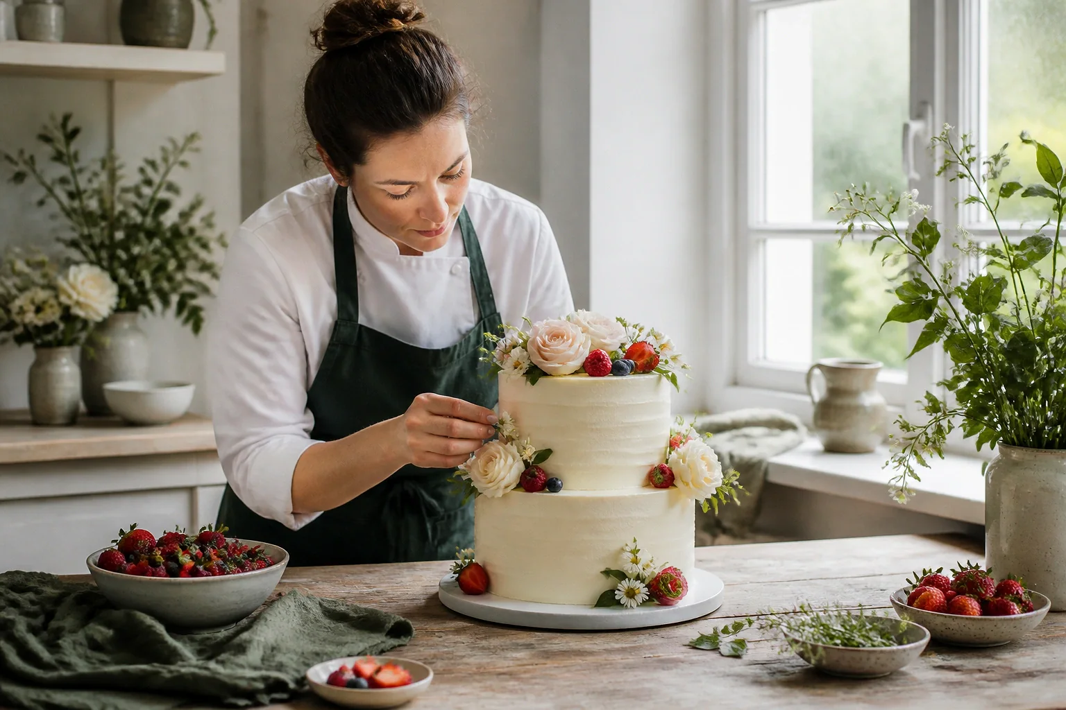 Gâteau de mariage préparé dans un atelier — illustration générée par IA