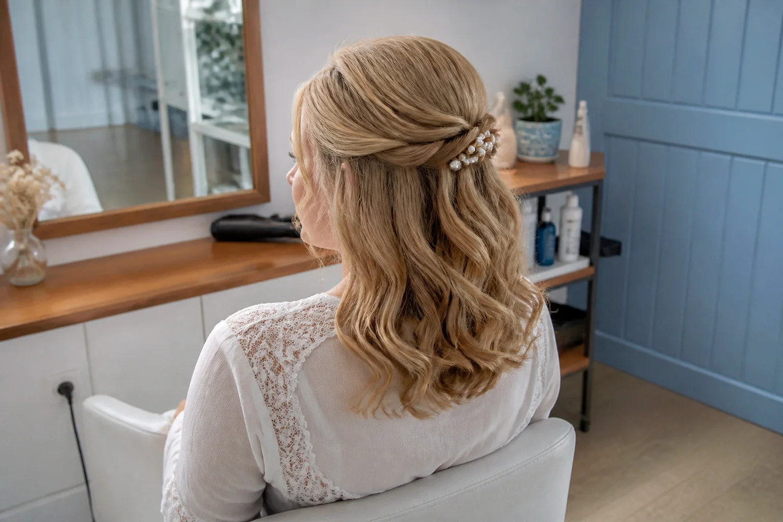 Coiffure de cérémonie vue pendant la préparation — illustration générée par IA