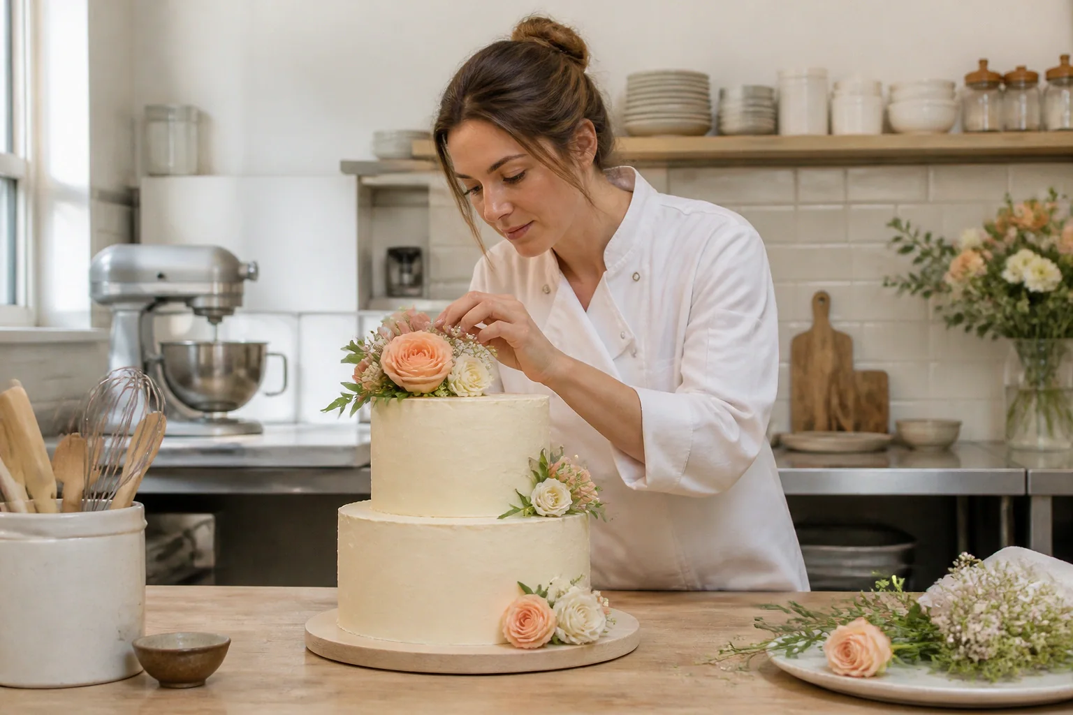 Gâteau de mariage préparé dans un atelier — illustration générée par IA