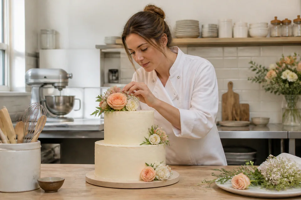 Gâteau de mariage préparé dans un atelier — illustration générée par IA