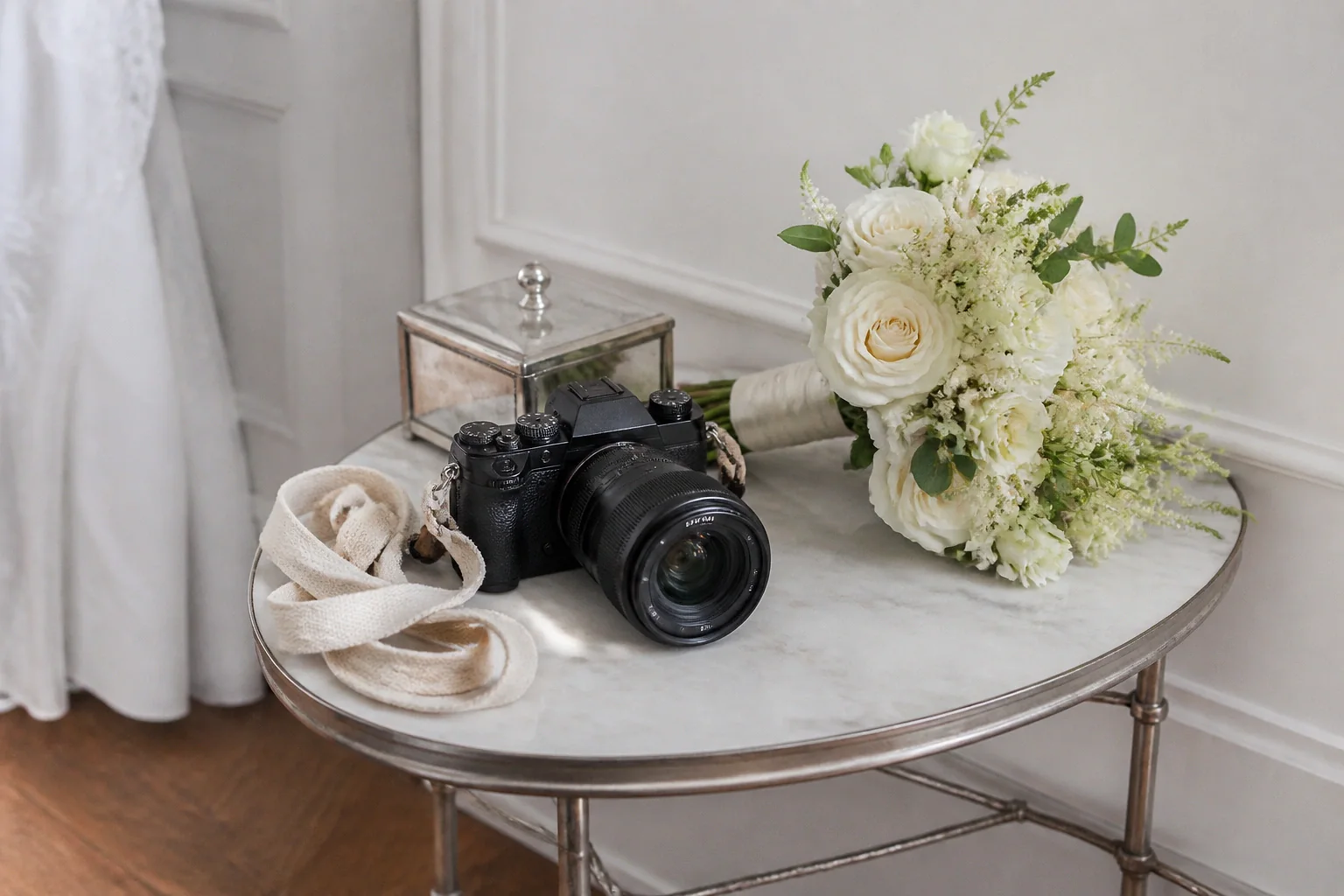 Appareil photo et accessoires de reportage de mariage — illustration générée par IA