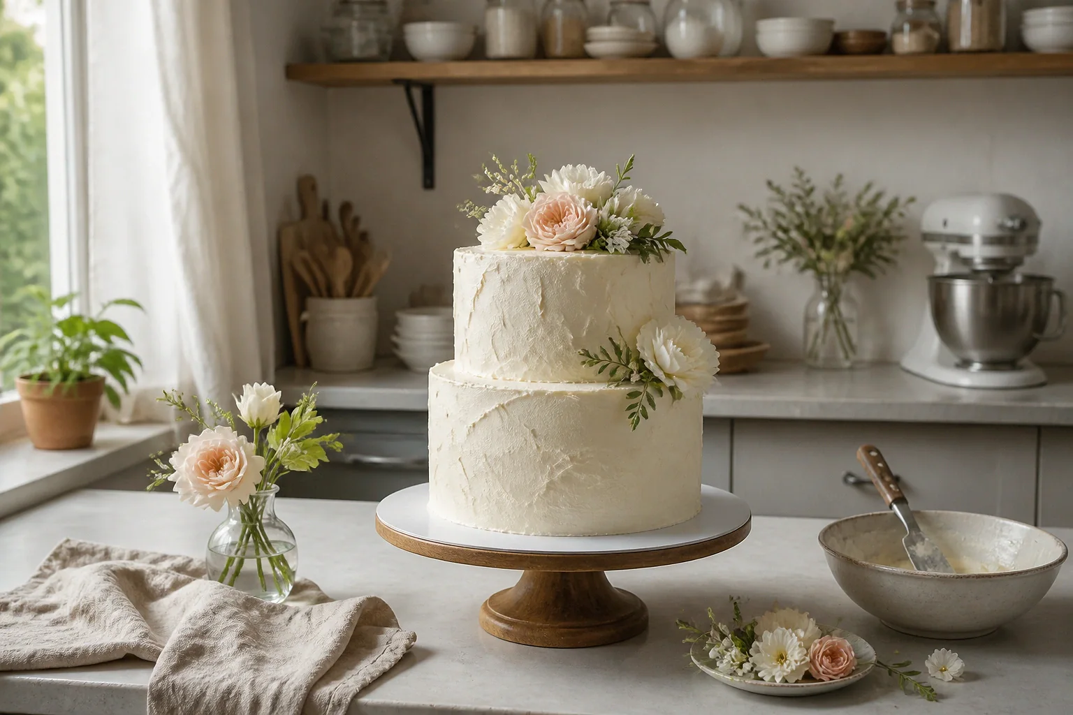 Gâteau de mariage préparé dans un atelier — illustration générée par IA