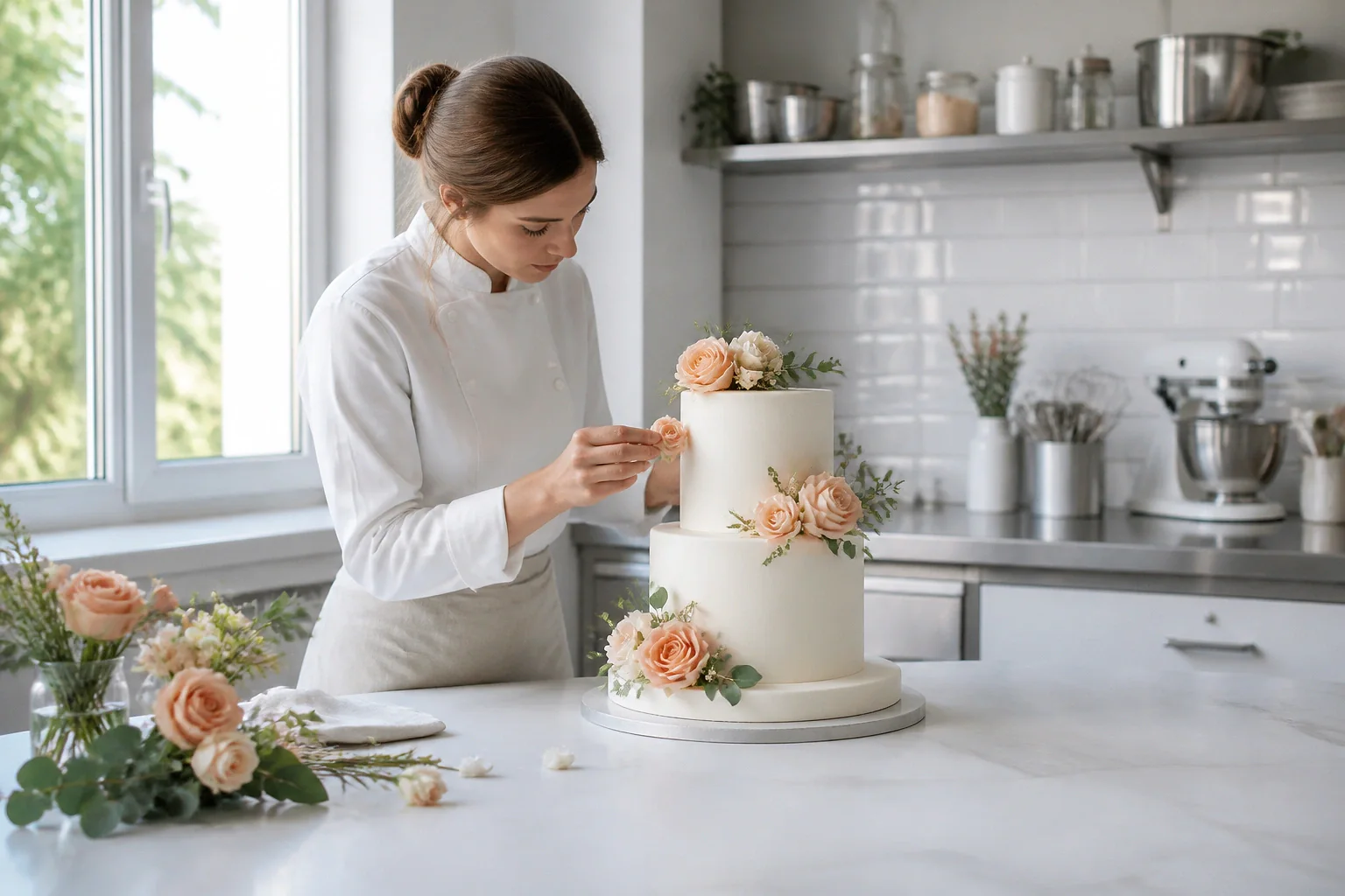Gâteau de mariage préparé dans un atelier — illustration générée par IA