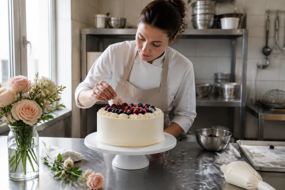 Gâteau de mariage préparé dans un atelier — illustration générée par IA