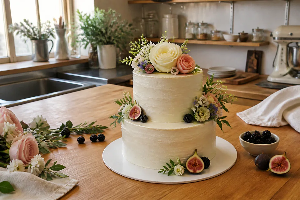 Gâteau de mariage préparé dans un atelier — illustration générée par IA
